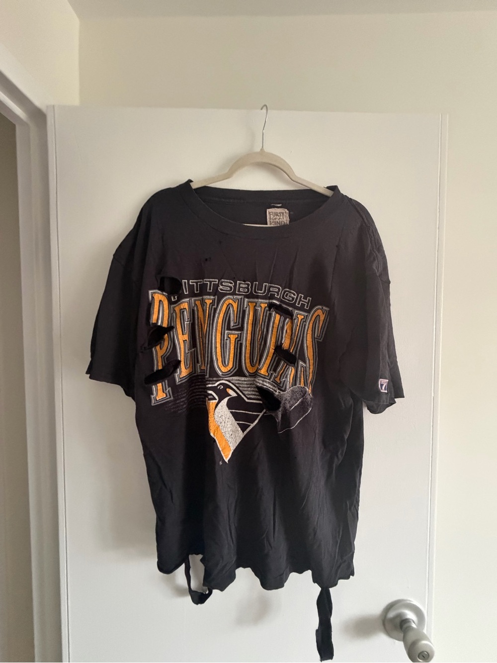 LF Black distressed Pittsburgh Penguins Short Sleeve Tee with Yellow Graphic